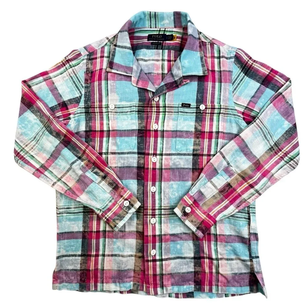 Polo Ralph Lauren Flannel Shirt Mens Small Loop Collar Plaid Chest Pockets